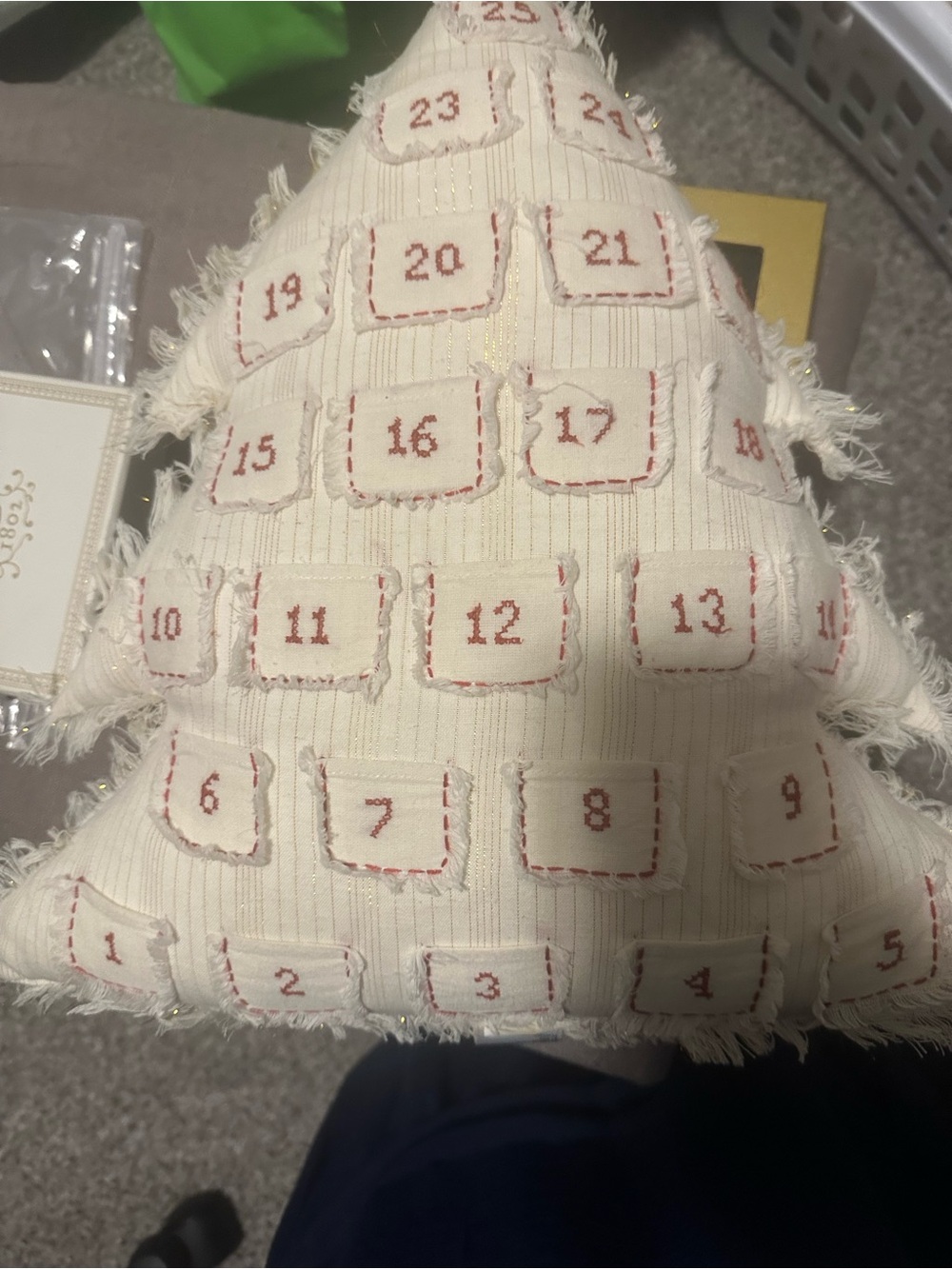 Anthropologie Cream Advent Tree Pillow with Red Stitching